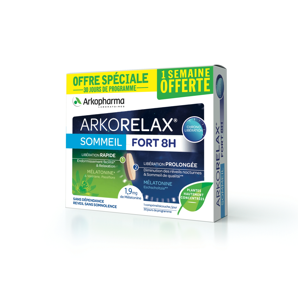 Arkorelax xl sommeil fort 8h mélatonine, valériane, 30 comprimés 1 semaine offerte