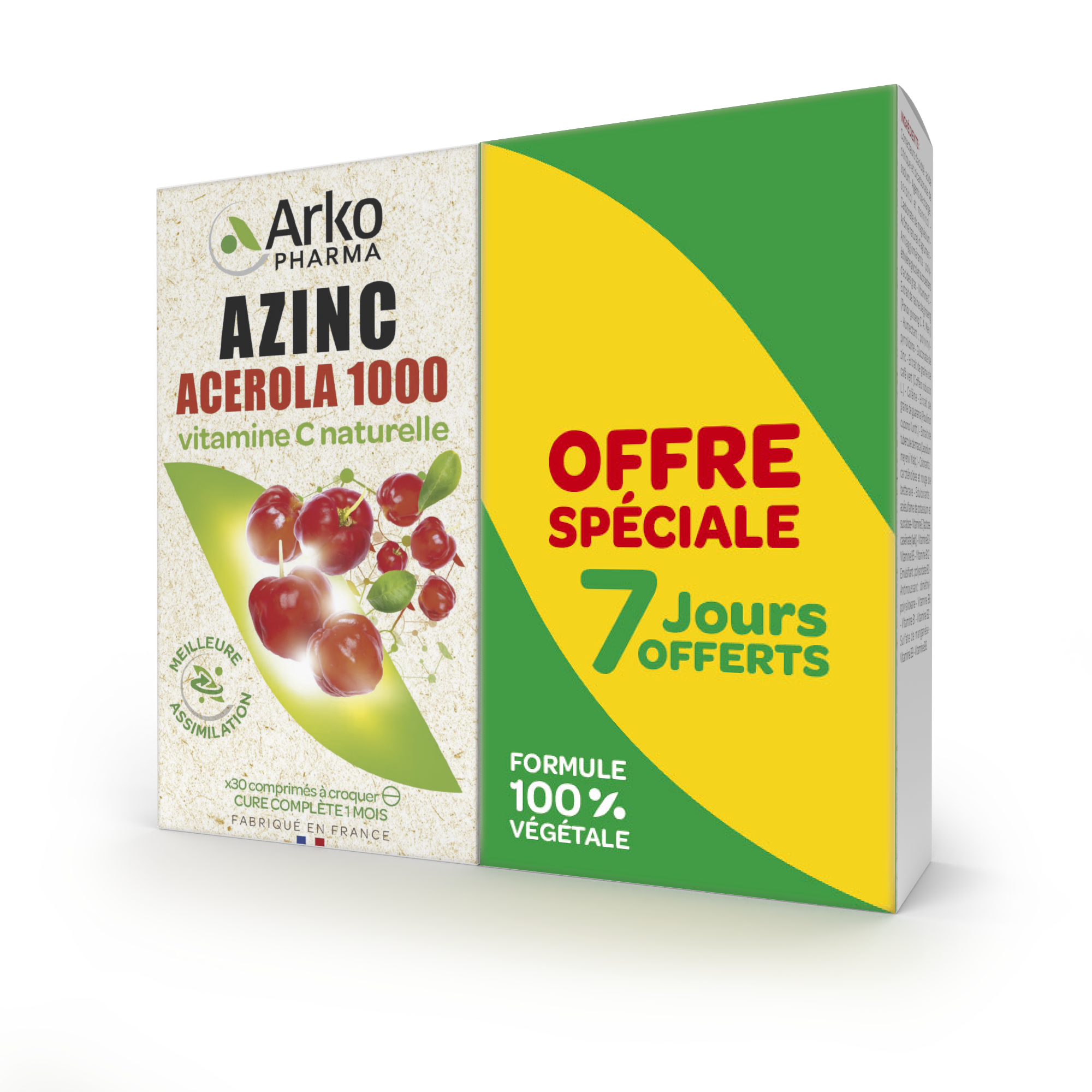 Azinc Naturel Acerola 1000 Vitamine C 100% Lot 30 Comprimés x2 - vue 1