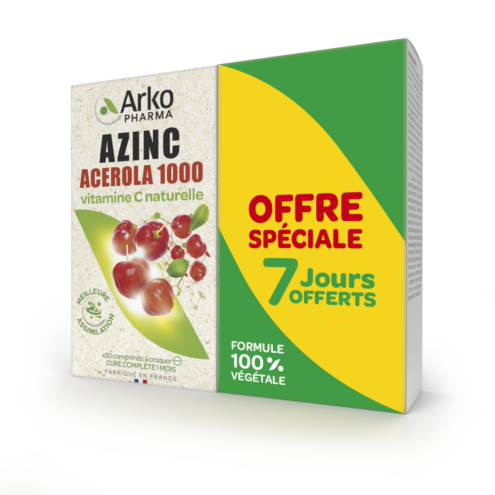 Azinc Naturel Acerola 1000 Vitamine C 100% Lot 30 Comprimés x2 Dont 7 Jours Offerts