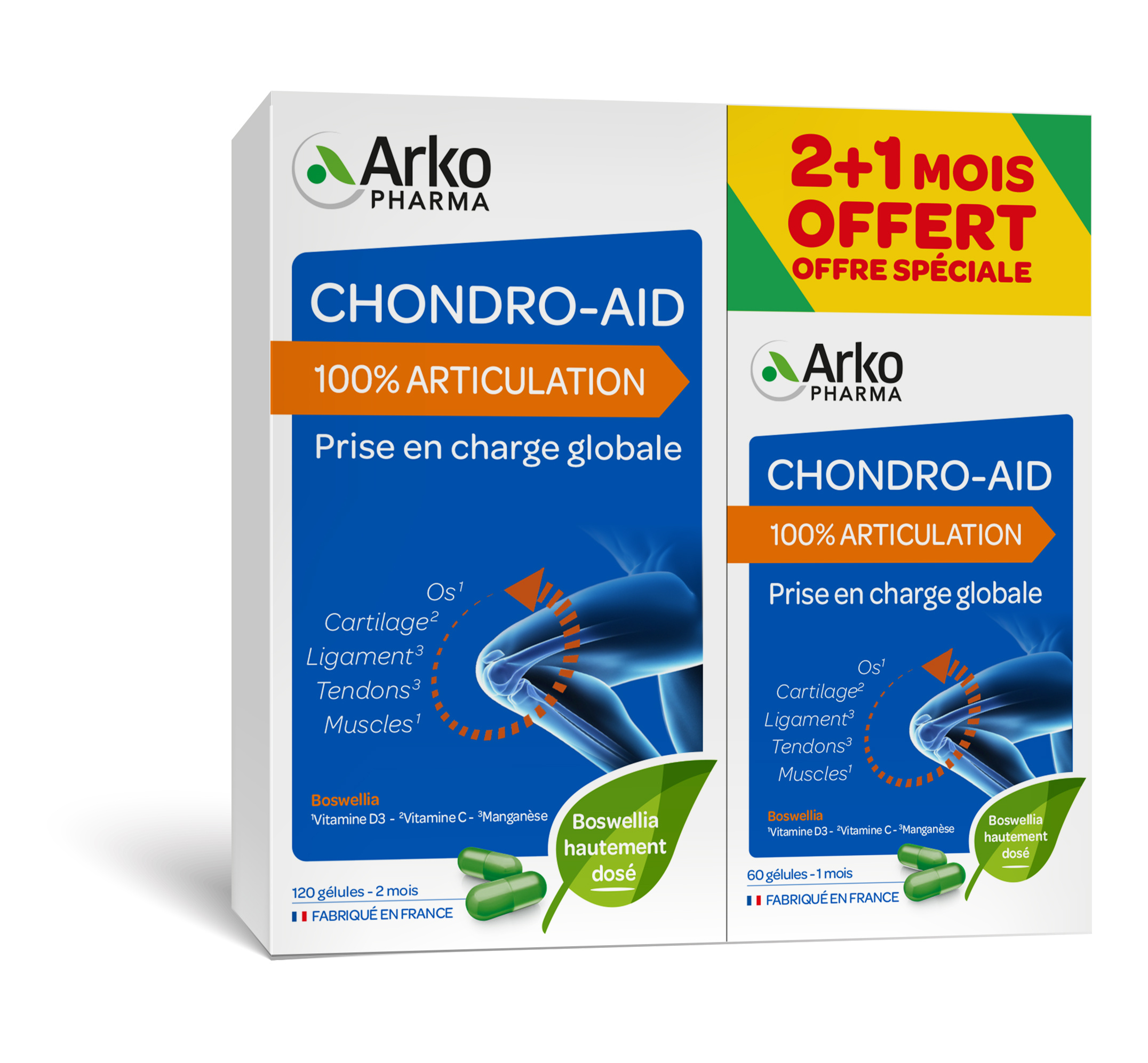 Chondro-Aid 100% Articulation - 2 mois + 1 Mois Offert Nouveau Pack 180 gélules