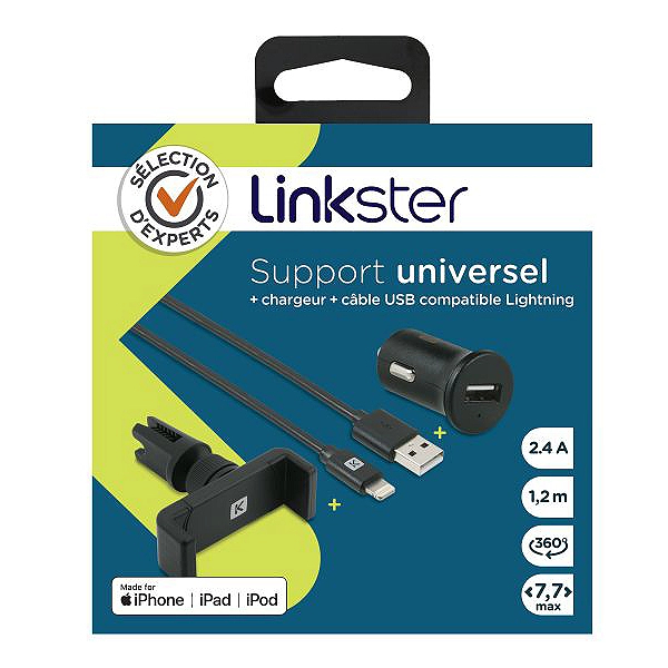 Support universel via fixation grille + chargeur voiture 2,4A + cable lightning LINKSTER