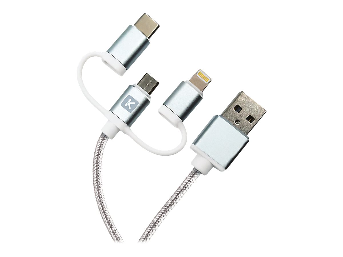 Chargeur 3 en 1 : micro USB, Lightning et USB-C argent - 2m - Sélection d’Experts - Linkster