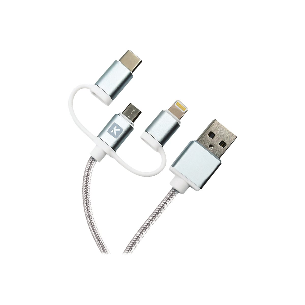 Chargeur 3 en 1 : micro USB, Lightning et USB-C argent - 2m - Sélection d’Experts - Linkster
