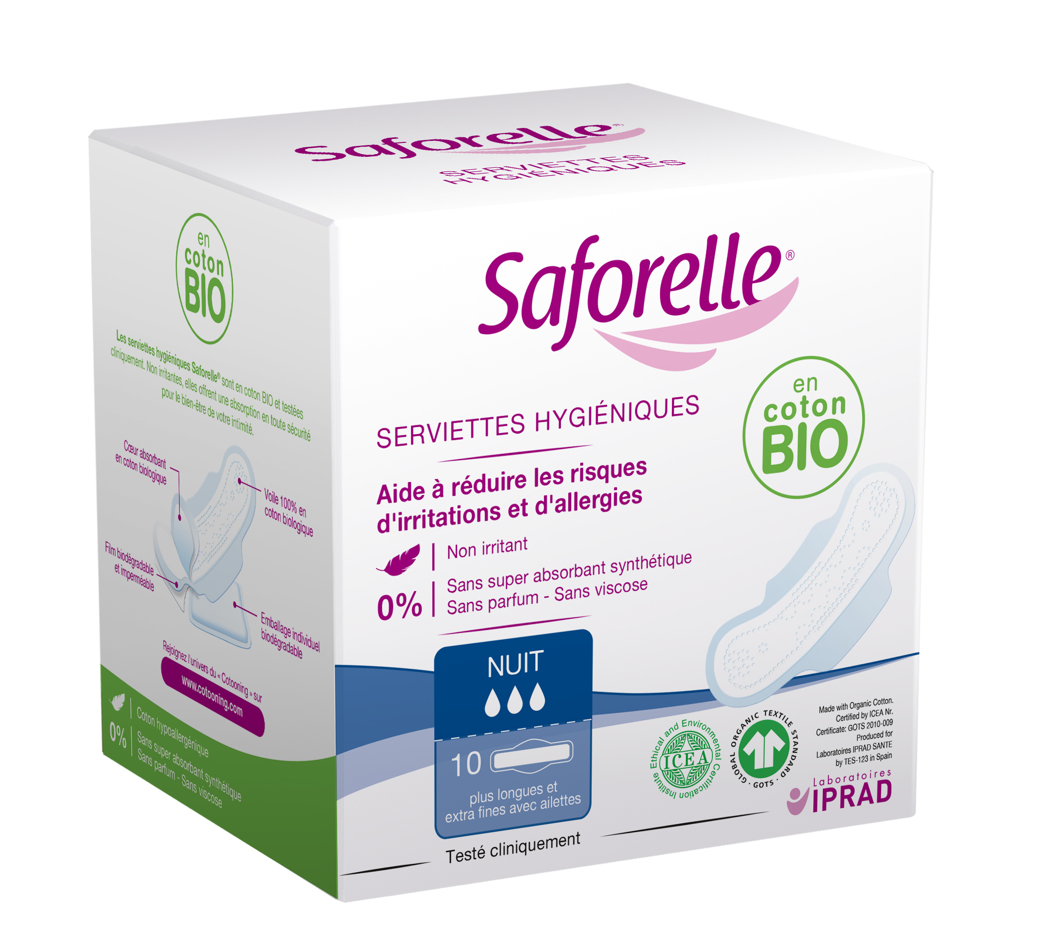 Saforelle coton protect serviettes hygiéniques nuit boîte de 10