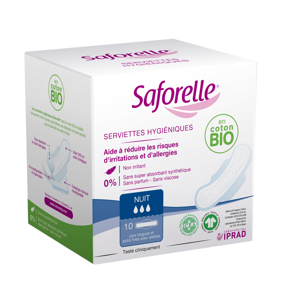Saforelle coton protect serviettes hygiéniques nuit boîte de 10