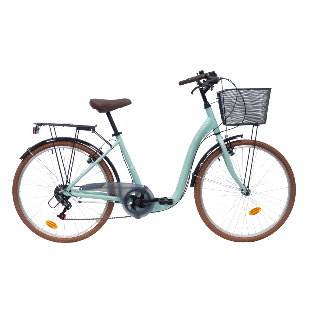 Vélo VTC 26'' City Rigide Alu Femme  - 7 vitesses  - Enjambement bas - Panier avant - Porte-bagages - Frein V Brake