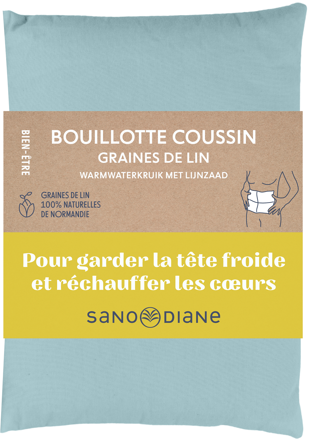 Bouillotte coussin graines de lin bleu vert uni