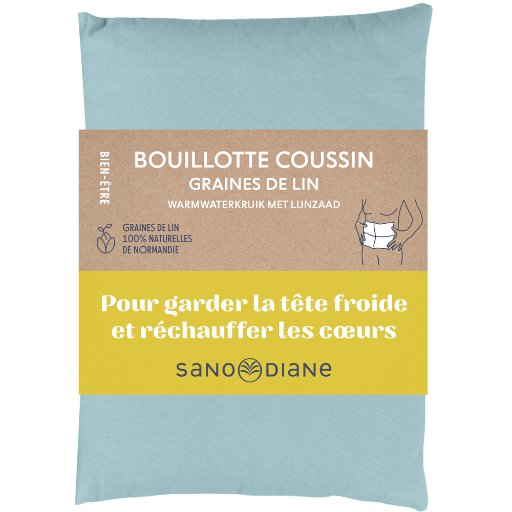Bouillotte coussin graines de lin bleu vert uni