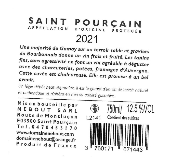Domaine Nebout BIO, 2021 - Saint Pourçain AOP - Rouge - 75 cl