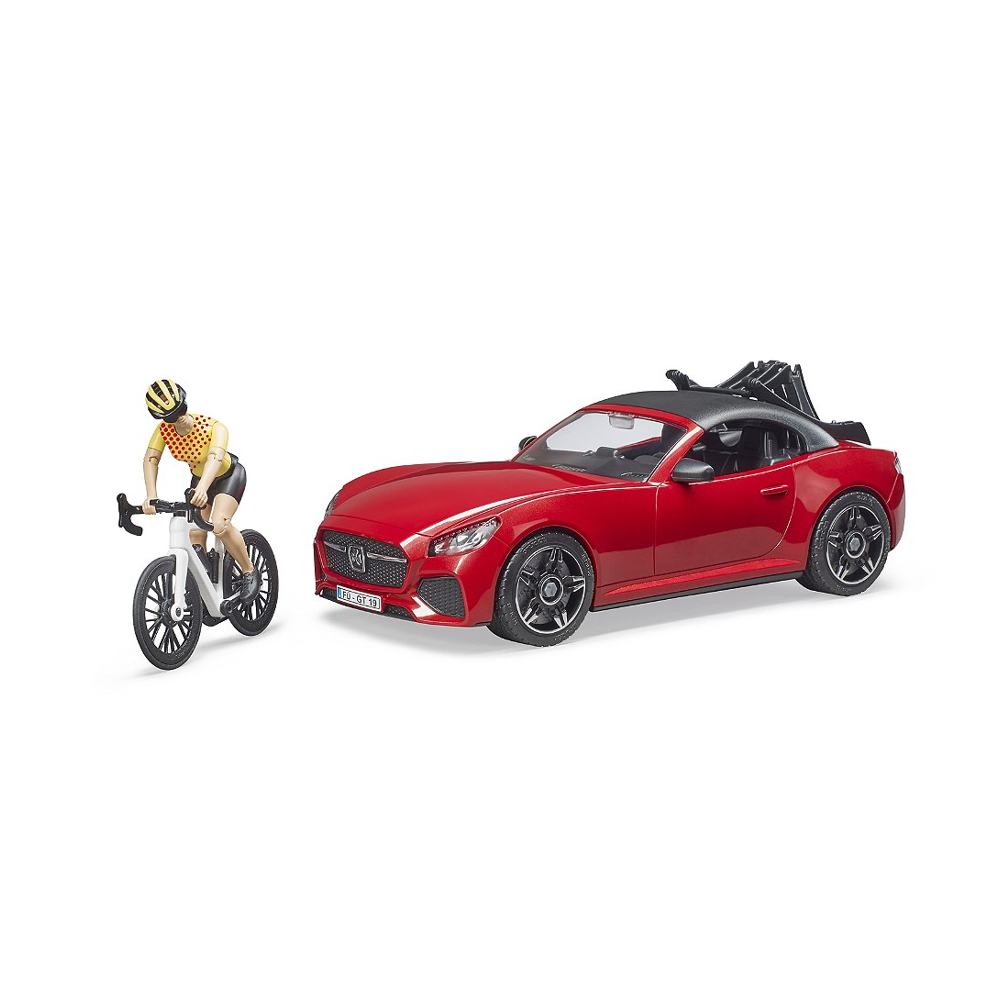 Voiture Bruder Roadster Avec Porte Velo, Un Velo De Route Et Une Cycliste
