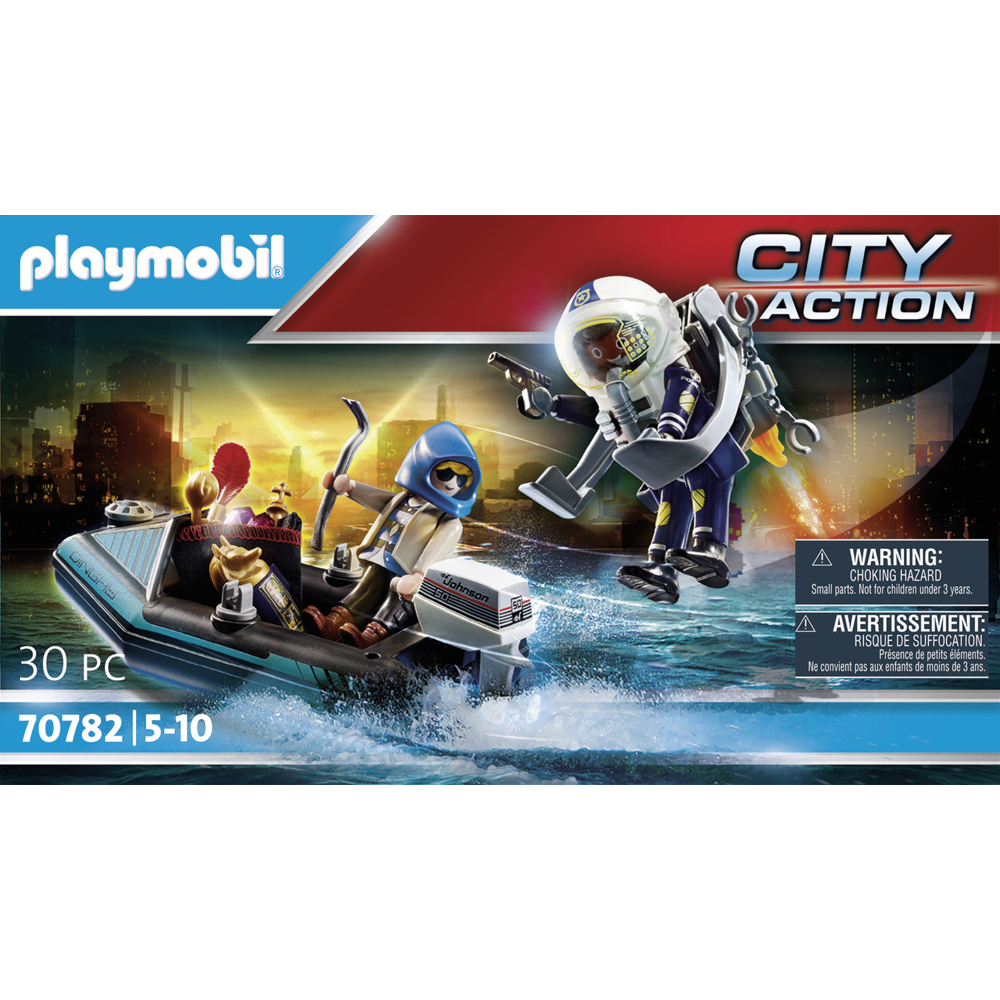 PLAYMOBIL 70782 Policier avec réacteur dorsal et canoë - City Action - Les policiers - poursuite bat
