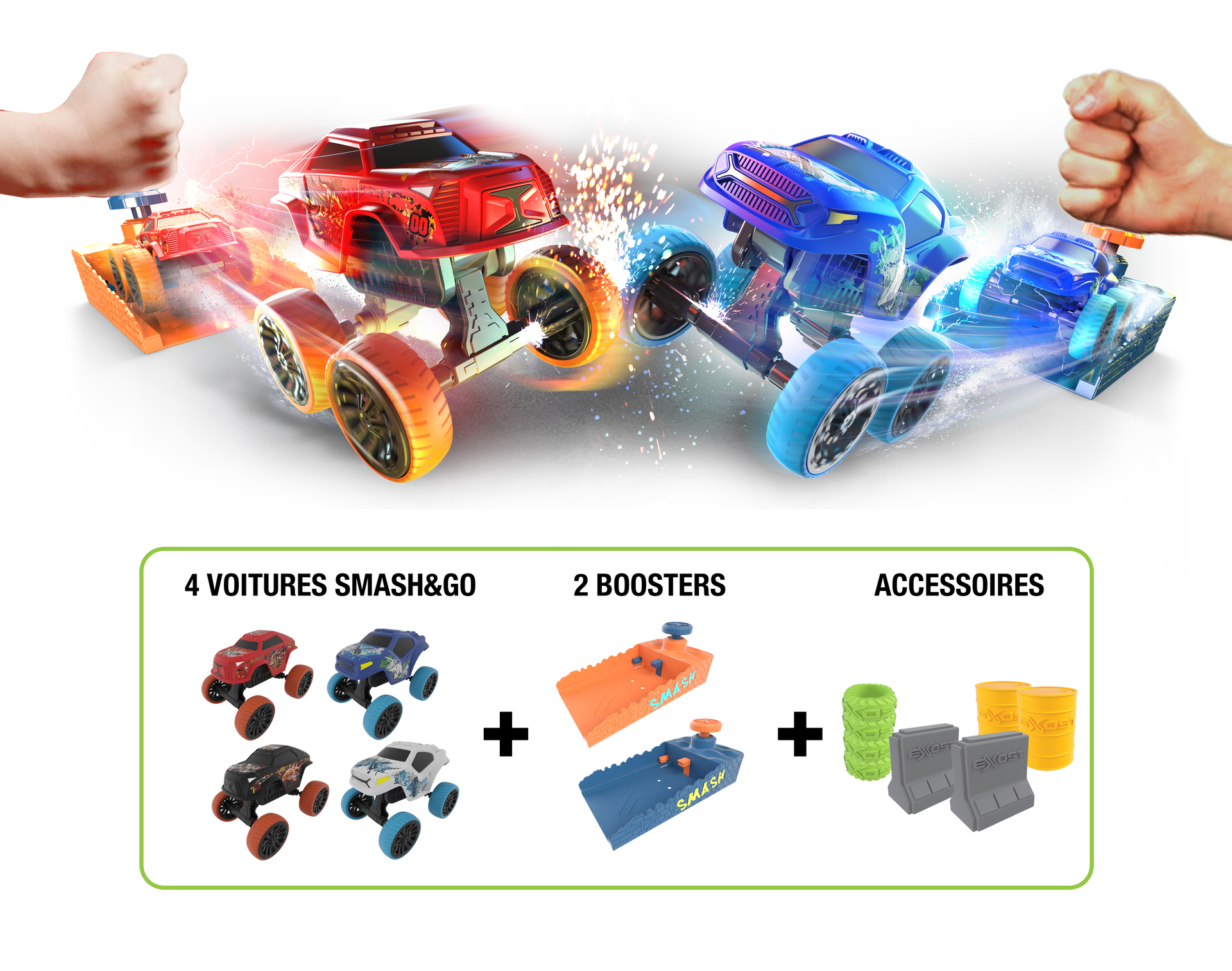 4 petites voitures EXOST Smash&Go + 2 boosters + accessoires - Mega Pack Booster
