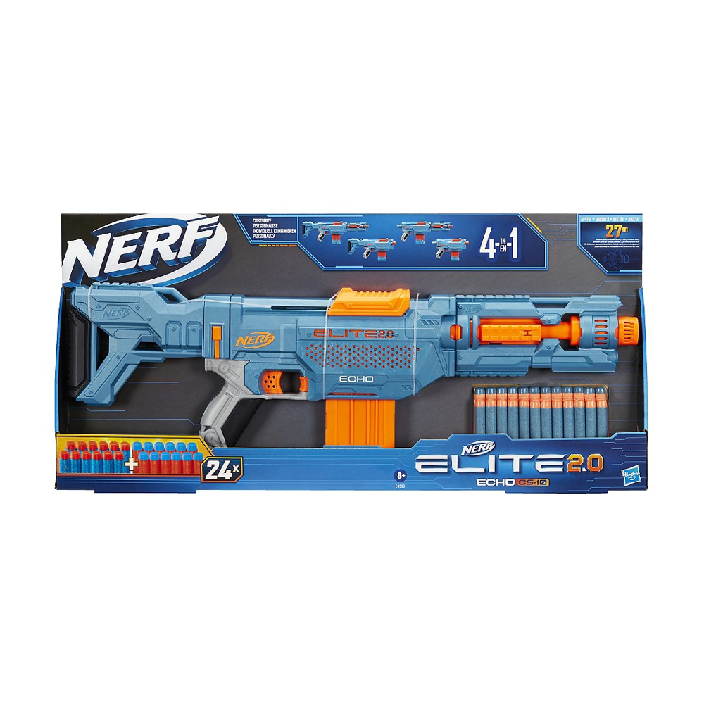 Nerf Elite 2.0, blaster Echo CS-10, 24 fléchettes Nerf, chargeur 10 fléchettes, crosse amovible et r