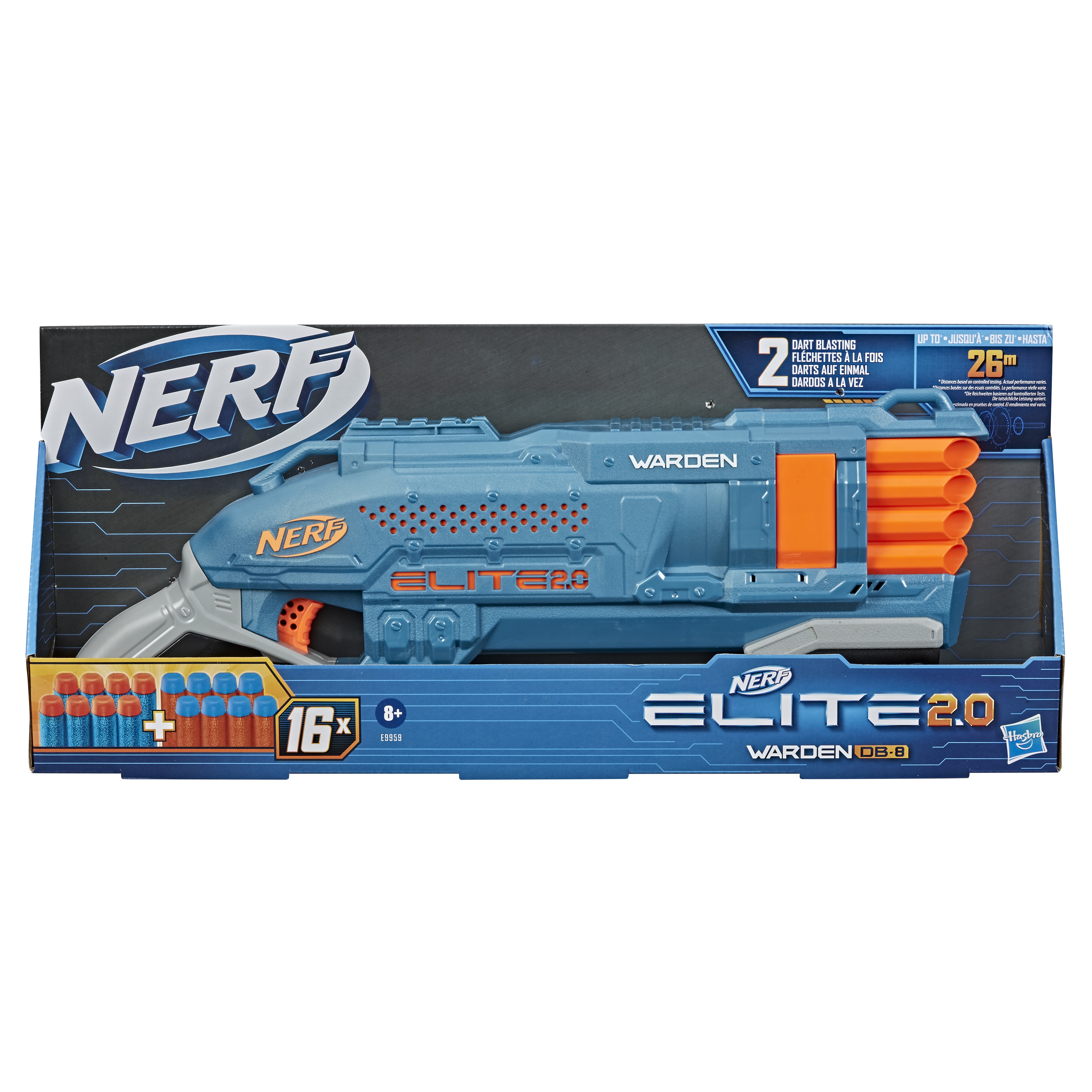 Nerf Elite 2.0, blaster Warden DB-8, 16 fléchettes Nerf officielles, tire 2 fléchettes d'un coup, ra