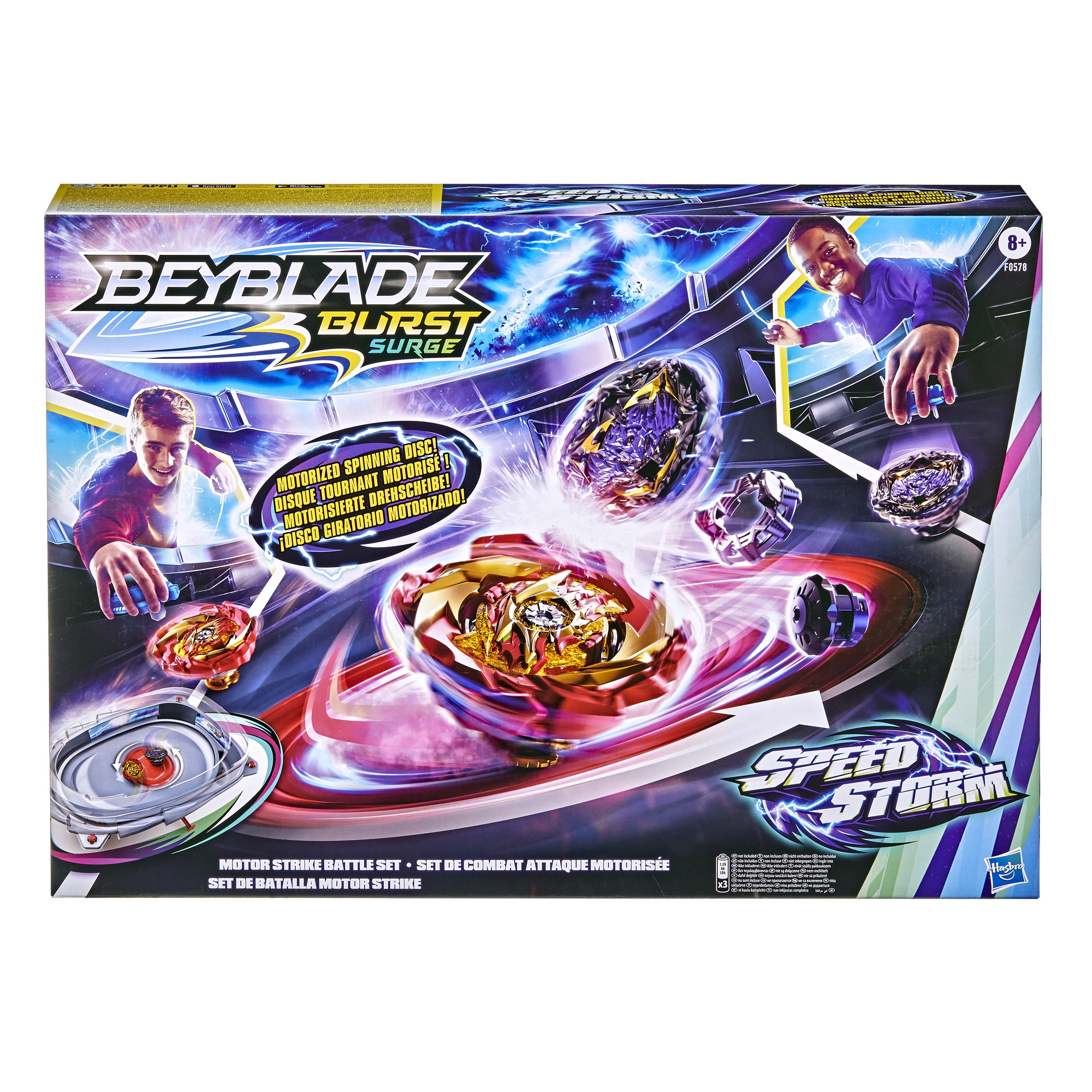Beyblade Burst Surge Speedstorm, Set de combat Motor Strike, arène Beystadium, 2 toupies, 2 lanceurs