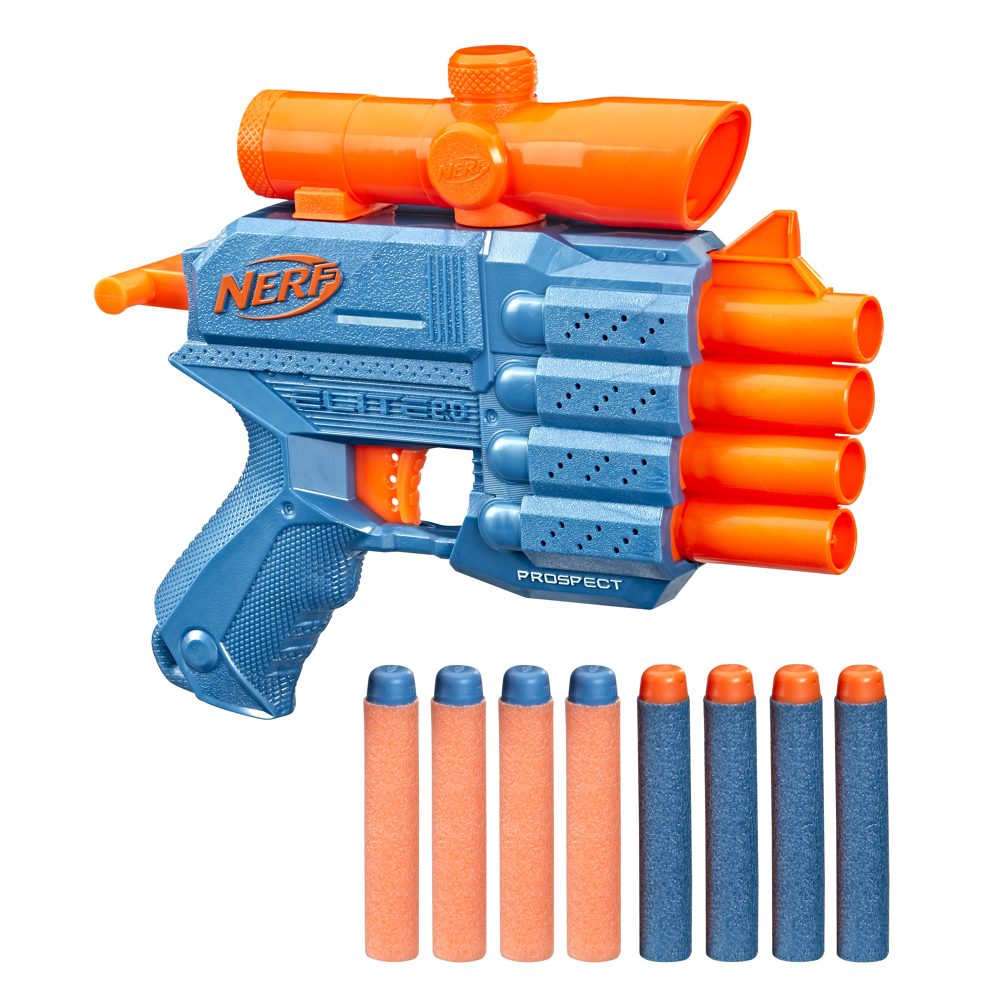 Nerf Elite 2.0, blaster Prospect QS-4, 8 fléchettes Nerf Elite officielles, tire 4 fléchettes, viseu