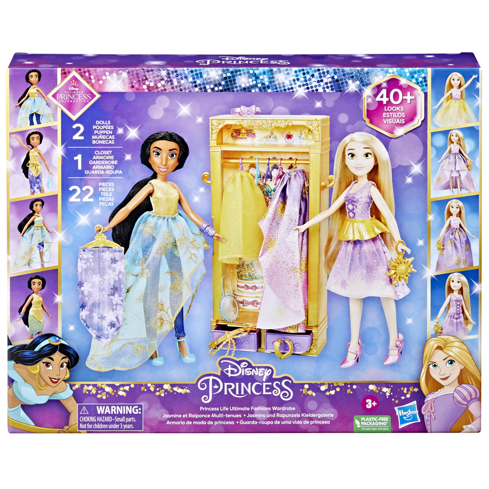 Disney Princesses Le dressing de Jasmine et Raiponce, armoire avec tenues pour poupées, jouet pour e