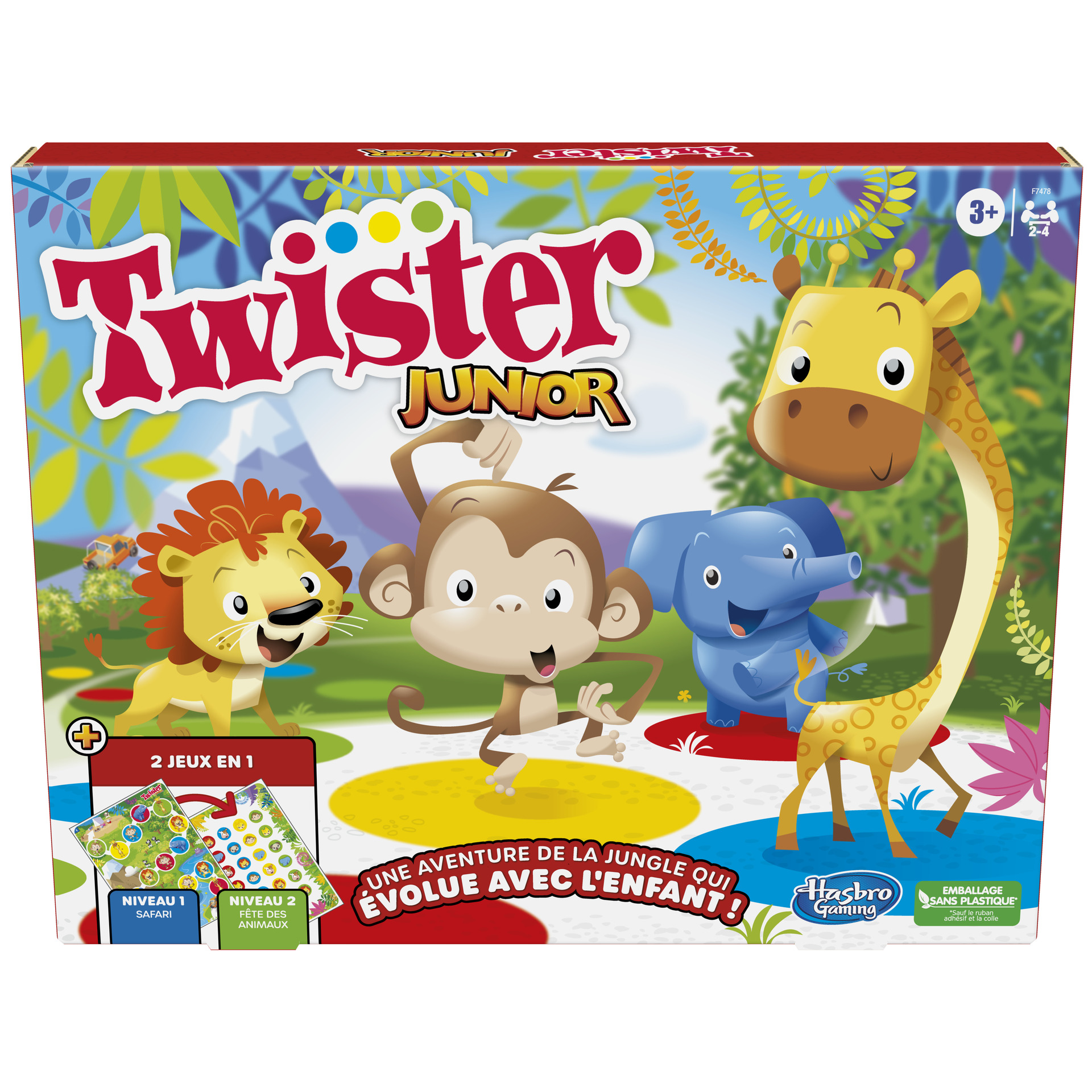 Jeu Twister Junior, tapis réversible aventure de la jungle, 2 jeux en 1, jeu de groupe d'intérieur p