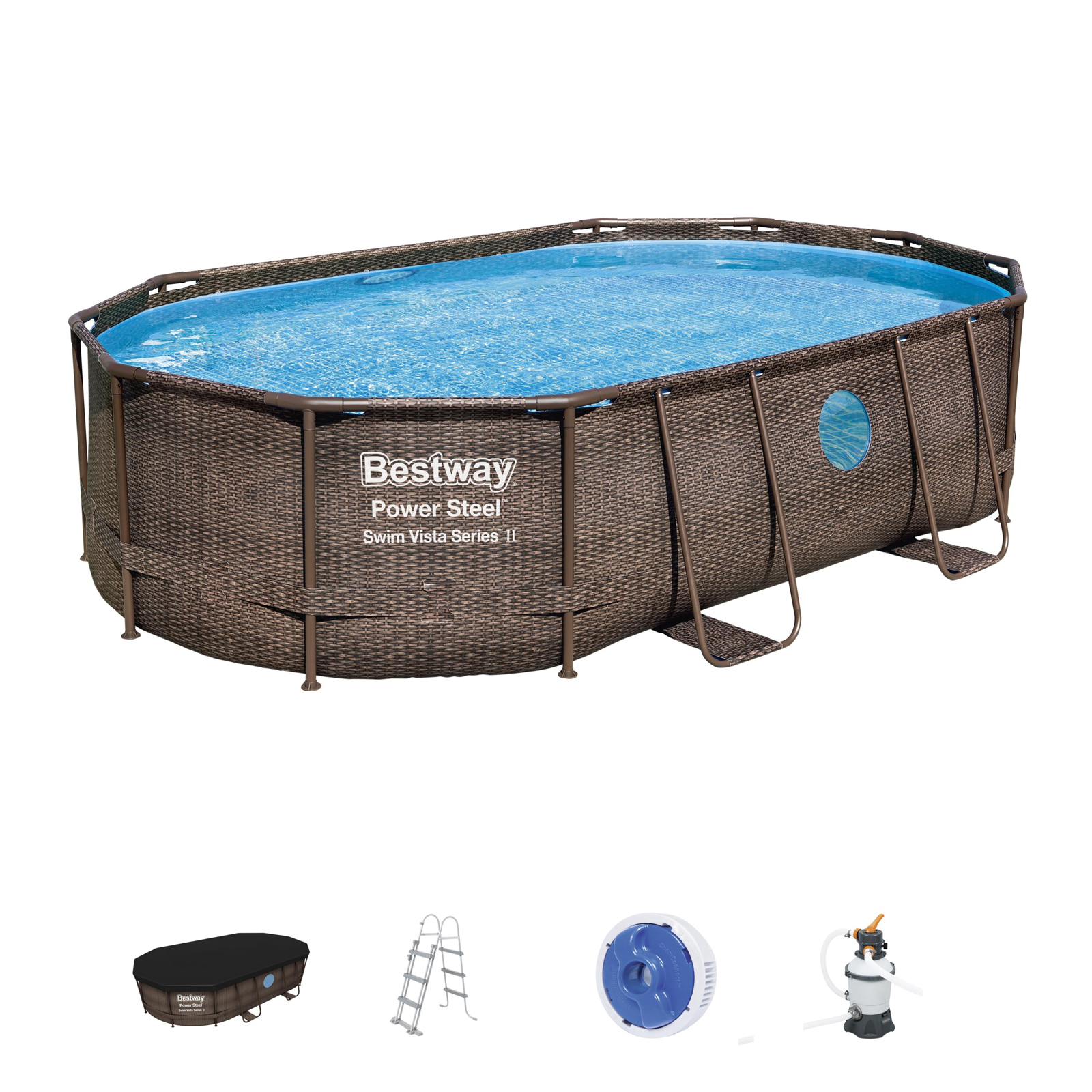 Piscine Power Steel™ Swim Vista ovale 488 x 305 x 100 cm avec hublots, échelle et accessoires