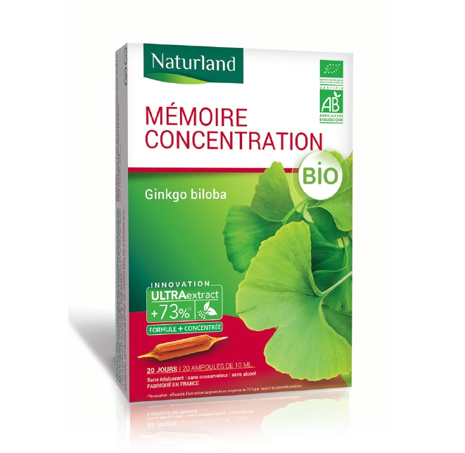 Mémoire concentration, Ginkgo biloba bio 20 ampoules de 10ml