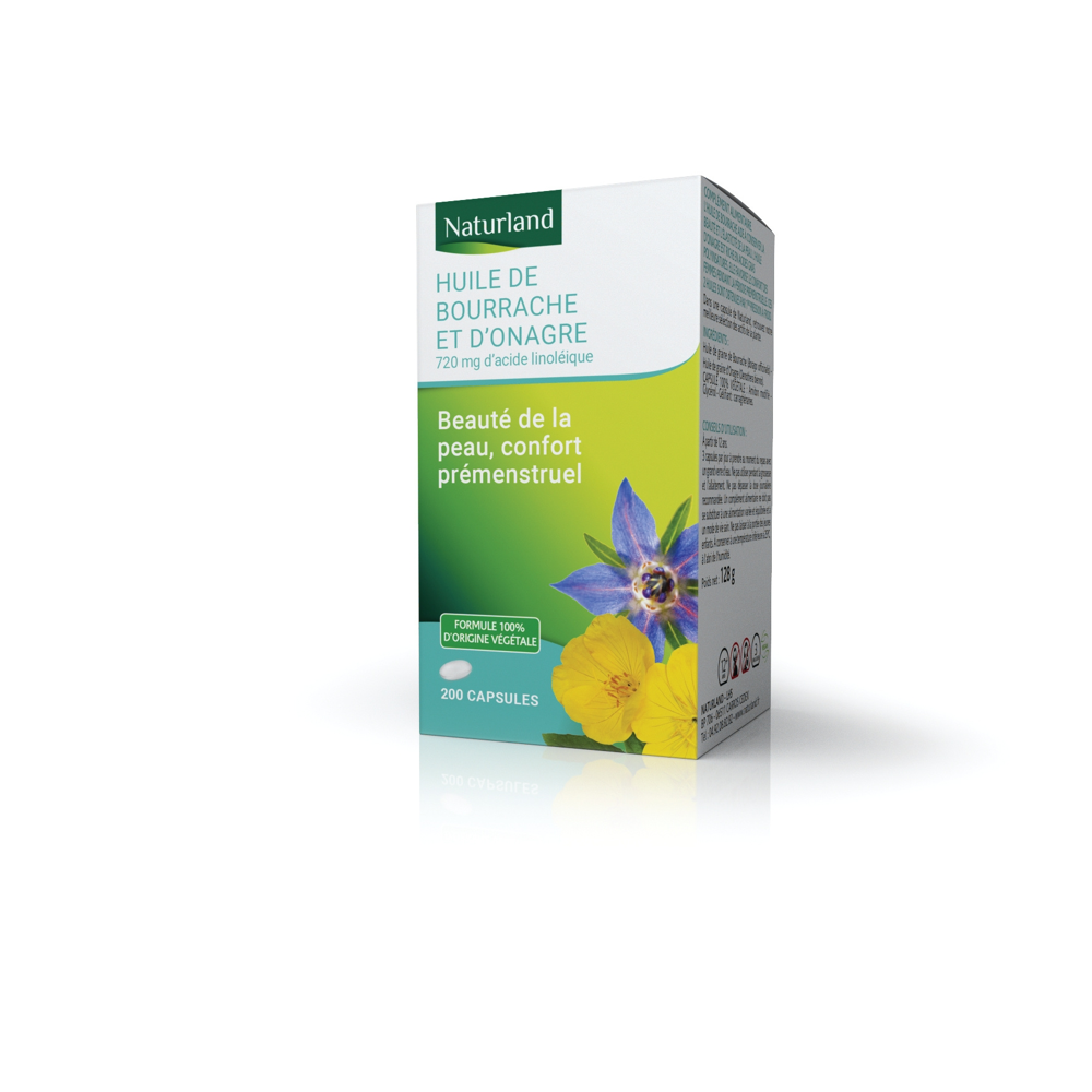 Huile de Bourrache et d'Onagre, Beauté de la peau et Confort prémenstruel 200 Capsules