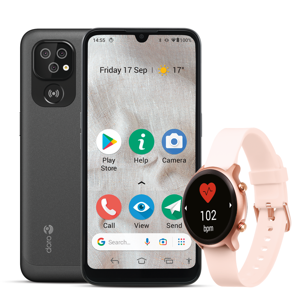Pack Smartphone Doro 8100 32Go Gris et Doro Watch Rose