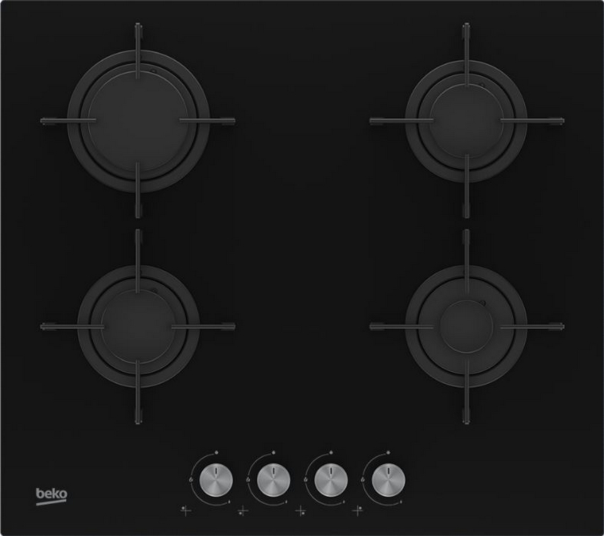 Table de cuisson gaz 60cm 4 feux 7400w verre noir - hilg64221s - beko