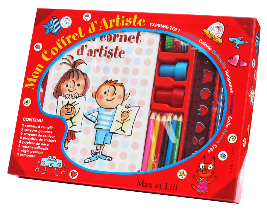 Mon coffret d'artiste - colorie, gribouille, tamponne - 2 carnets, crayons, stickers, papier déco ..